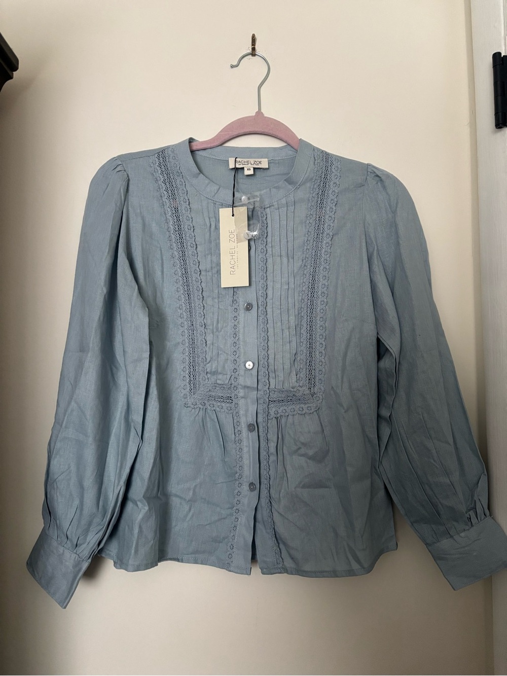 Rachel Zoe Powder Blue Lace-Trim Cotton Blouse